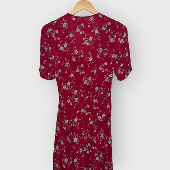 Reformation Floral Mini Dress Fit & Flare Ruched Detail Sleeve Button Down Red 2 - Picture 6 of 7